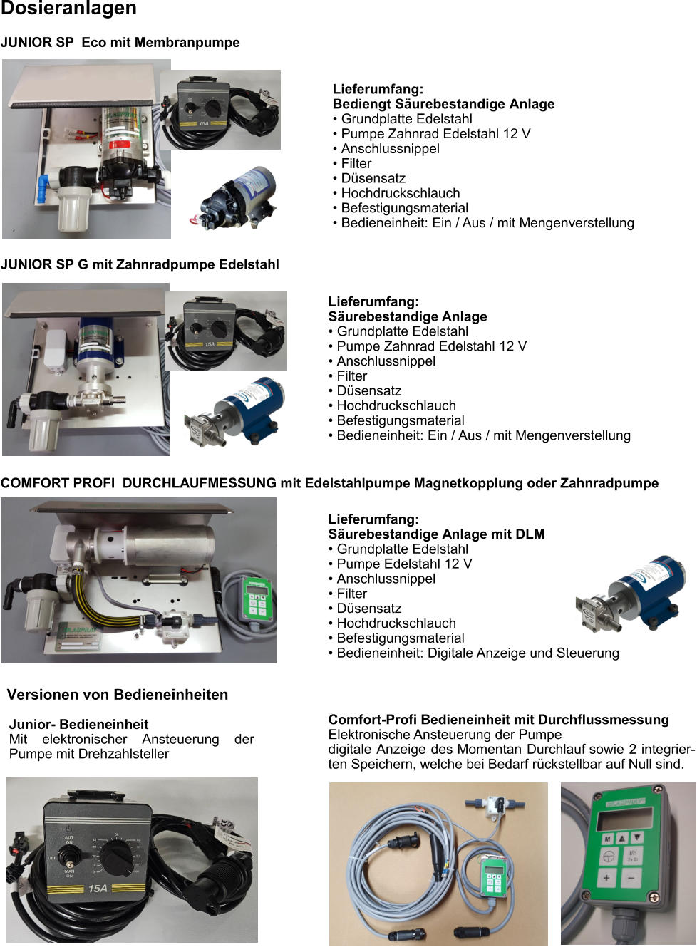 Lieferumfang:  Säurebestandige Anlage •	Grundplatte Edelstahl •	Pumpe Zahnrad Edelstahl 12 V •	Anschlussnippel •	Filter •	Düsensatz •	Hochdruckschlauch •	Befestigungsmaterial •	Bedieneinheit: Ein / Aus / mit Mengenverstellung Dosieranlagen Comfort-Profi Bedieneinheit mit Durchflussmessung Elektronische Ansteuerung der Pumpe digitale Anzeige des Momentan Durchlauf sowie 2 integrier-ten Speichern, welche bei Bedarf rückstellbar auf Null sind. Junior- Bedieneinheit Mit elektronischer Ansteuerung der Pumpe mit Drehzahlsteller Versionen von Bedieneinheiten JUNIOR SP  Eco mit Membranpumpe JUNIOR SP G mit Zahnradpumpe Edelstahl COMFORT PROFI  DURCHLAUFMESSUNG mit Edelstahlpumpe Magnetkopplung oder Zahnradpumpe Lieferumfang: Bediengt Säurebestandige Anlage •	Grundplatte Edelstahl •	Pumpe Zahnrad Edelstahl 12 V •	Anschlussnippel •	Filter •	Düsensatz •	Hochdruckschlauch •	Befestigungsmaterial •	Bedieneinheit: Ein / Aus / mit Mengenverstellung Lieferumfang:  Säurebestandige Anlage mit DLM •	Grundplatte Edelstahl •	Pumpe Edelstahl 12 V •	Anschlussnippel •	Filter •	Düsensatz •	Hochdruckschlauch •	Befestigungsmaterial •	Bedieneinheit: Digitale Anzeige und Steuerung