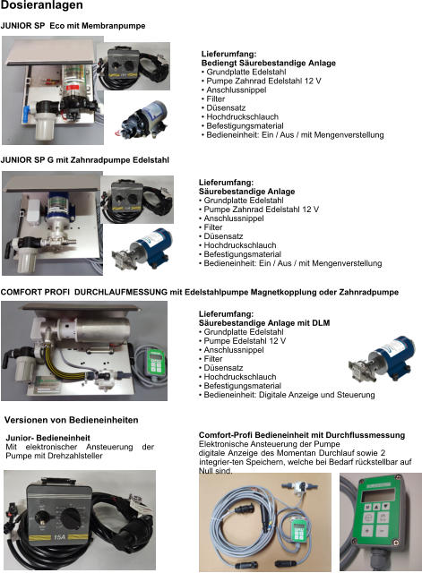 Lieferumfang:  Säurebestandige Anlage •	Grundplatte Edelstahl •	Pumpe Zahnrad Edelstahl 12 V •	Anschlussnippel •	Filter •	Düsensatz •	Hochdruckschlauch •	Befestigungsmaterial •	Bedieneinheit: Ein / Aus / mit Mengenverstellung Dosieranlagen Comfort-Profi Bedieneinheit mit Durchflussmessung Elektronische Ansteuerung der Pumpe digitale Anzeige des Momentan Durchlauf sowie 2 integrier-ten Speichern, welche bei Bedarf rückstellbar auf Null sind. Junior- Bedieneinheit Mit elektronischer Ansteuerung der Pumpe mit Drehzahlsteller Versionen von Bedieneinheiten JUNIOR SP  Eco mit Membranpumpe JUNIOR SP G mit Zahnradpumpe Edelstahl COMFORT PROFI  DURCHLAUFMESSUNG mit Edelstahlpumpe Magnetkopplung oder Zahnradpumpe Lieferumfang: Bediengt Säurebestandige Anlage •	Grundplatte Edelstahl •	Pumpe Zahnrad Edelstahl 12 V •	Anschlussnippel •	Filter •	Düsensatz •	Hochdruckschlauch •	Befestigungsmaterial •	Bedieneinheit: Ein / Aus / mit Mengenverstellung Lieferumfang:  Säurebestandige Anlage mit DLM •	Grundplatte Edelstahl •	Pumpe Edelstahl 12 V •	Anschlussnippel •	Filter •	Düsensatz •	Hochdruckschlauch •	Befestigungsmaterial •	Bedieneinheit: Digitale Anzeige und Steuerung